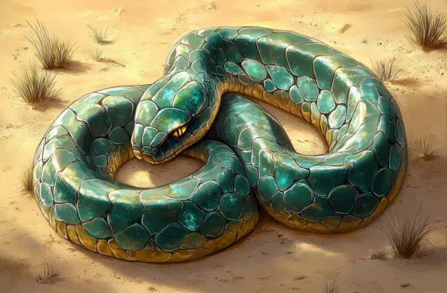 A coiled green and yellow snake lies on sandy ground with sparse dry grass under warm sunlight.