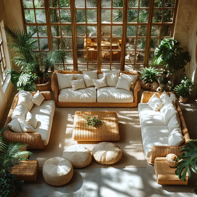 Scandinavian living room with rattan sofa, floor cushions, and indoor plants illuminated by warm window daylight.