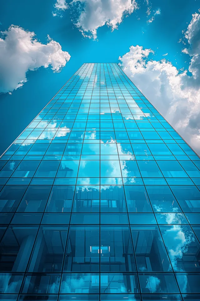 Low-angle view of a reflective blue-glass skyscraper facade showing cloud reflections against a bright sky.