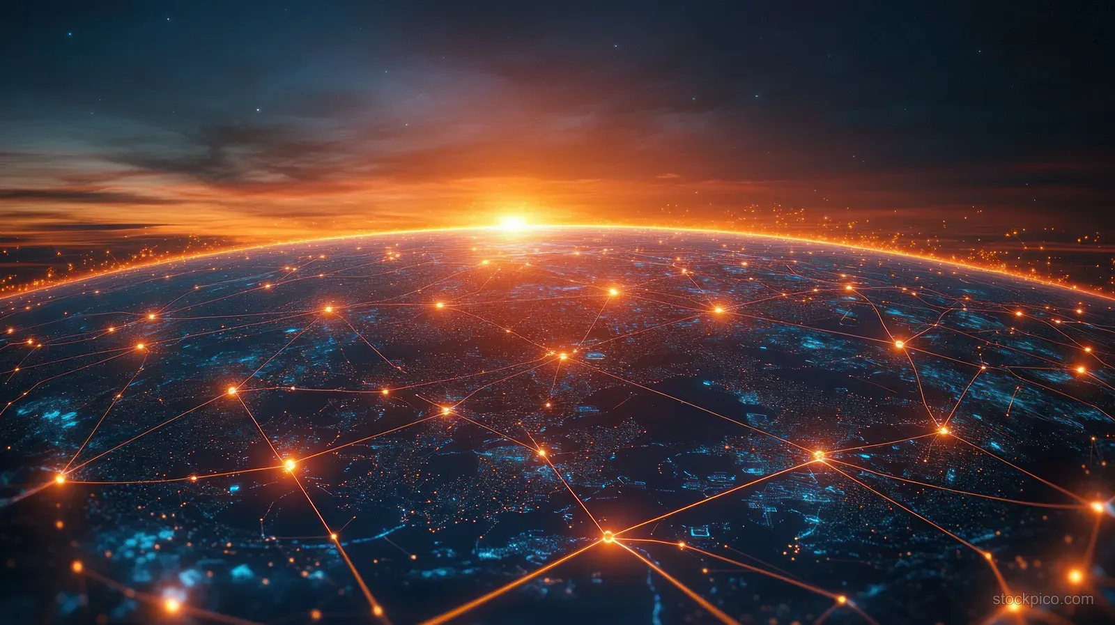 Earth from space at night with glowing network lines of interconnected points and a bright sunrise on the horizon.
