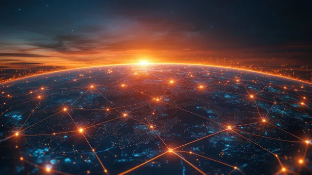 Earth at night from space with glowing global network lines and sunrise horizon glow