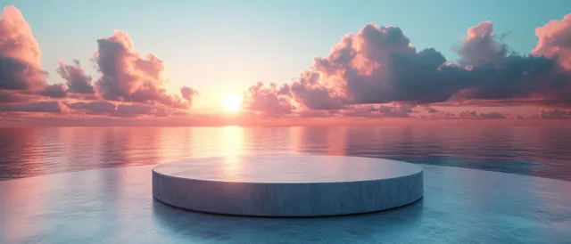 Round 3D pedestal on wavy water beneath blue sky at sunrise with soft reflection