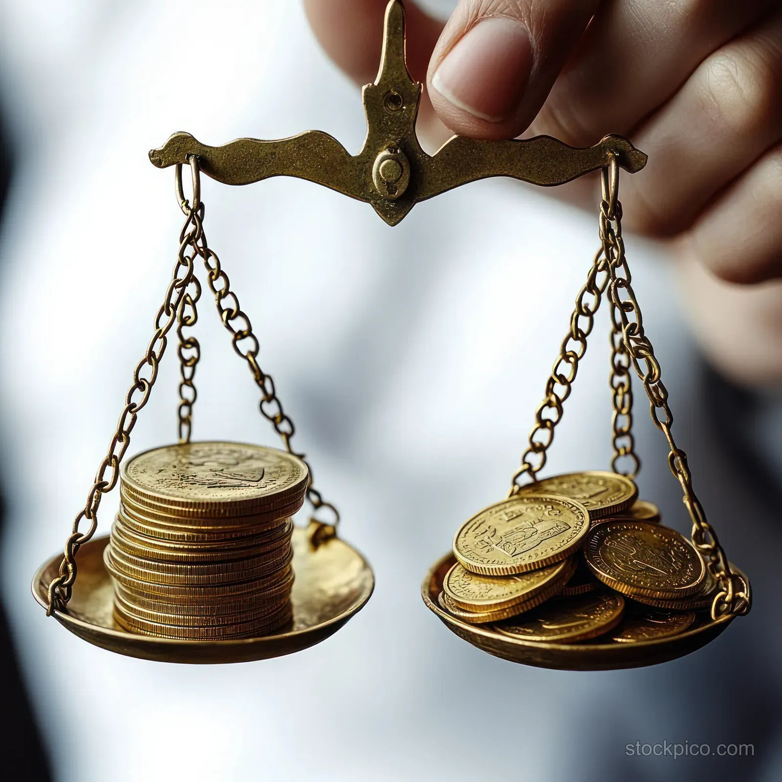 A hand holds a vintage balance scale with uneven gold coin stacks on both pans for value comparison.