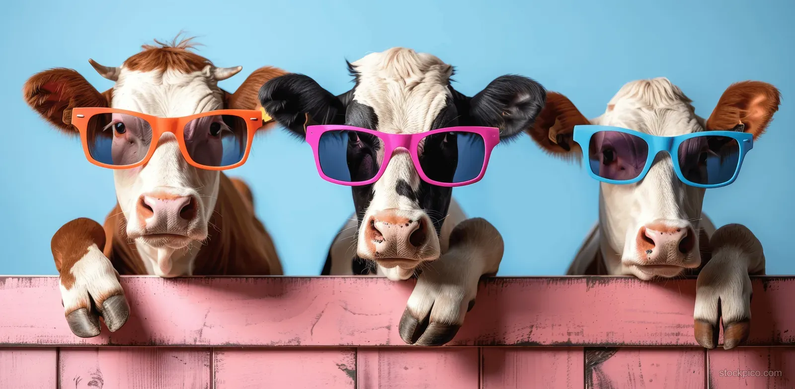 Three cows wearing colorful sunglasses peek over a pink wall with a blue background behind them.