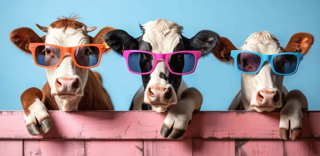 Three cows wearing colorful sunglasses peek over a pink wall with a blue background behind them.