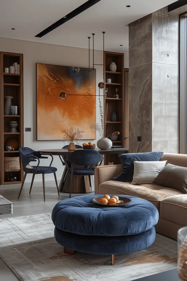 Minimalist dining area with blue seating, beige rug, and abstract art by concrete wall