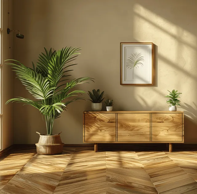 Sunlight falls across a wooden sideboard and herringbone parquet floor with framed wall art and potted palm plants.