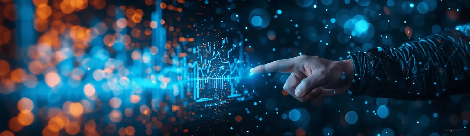 A businessman’s hand taps a glowing virtual screen with an upward finance graph amid floating data lights.