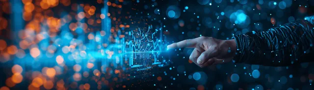 A businessman’s hand taps a glowing virtual screen with an upward finance graph amid floating data lights.