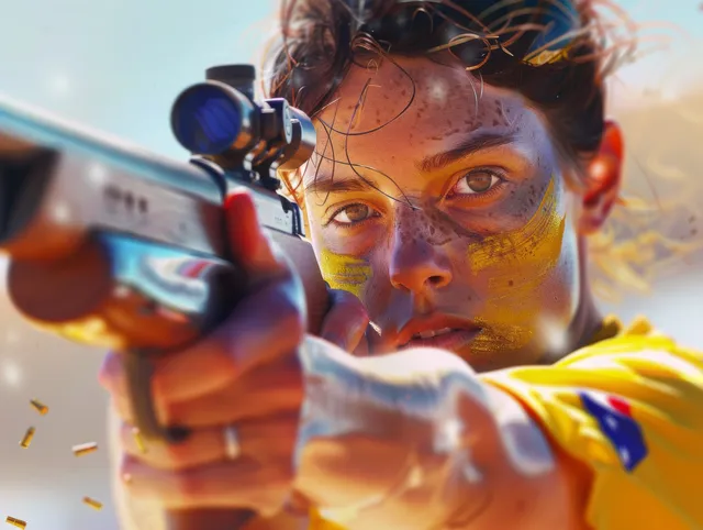 An Australian double trap shooter aims a shotgun while firing at flying clay targets on a shooting range.