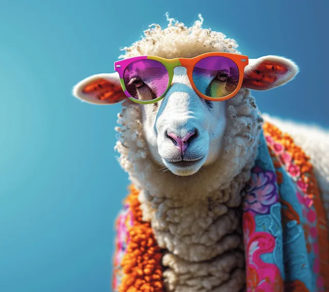 Stylish sheep wearing oversized purple sunglasses on bright blue studio background