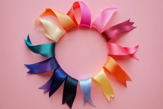 A circle of colorful cancer awareness ribbons arranged on a soft pink background.