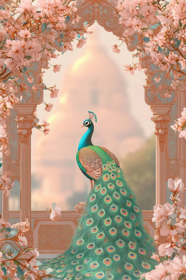 Peacock standing beneath Mughal archway, pastel florals and ornate symmetrical patterns