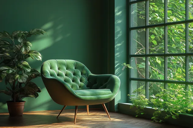 Green velvet armchair near a bright window with sunlit shadows, leafy plants, and minimalist interior decor.