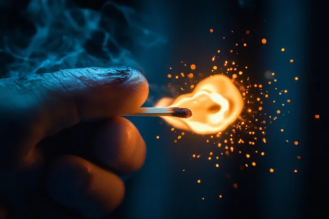 Hand striking a match, bright flame and orange sparks bursting against a dark background