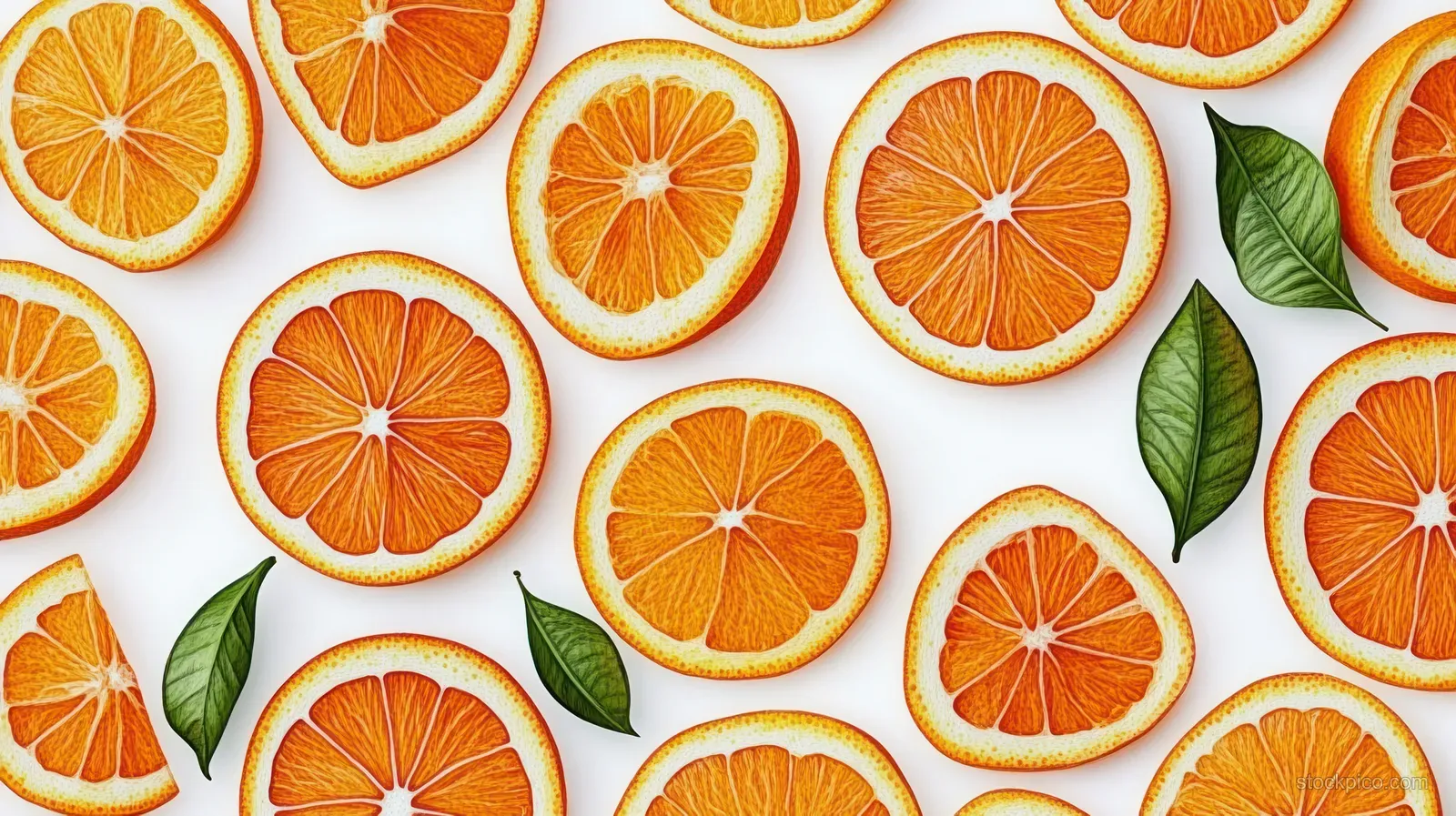 Overhead orange slices with visible segments and green leaves scattered on a white background.