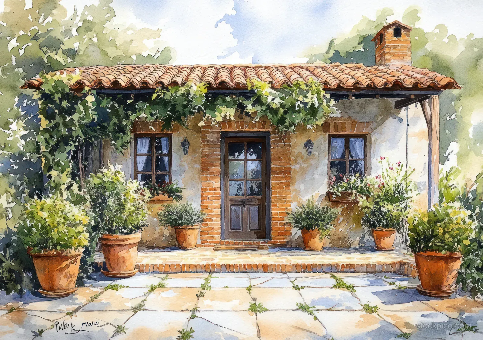 Watercolor brick house entrance with a wooden door, potted plants, and leafy greenery around a tiled patio.