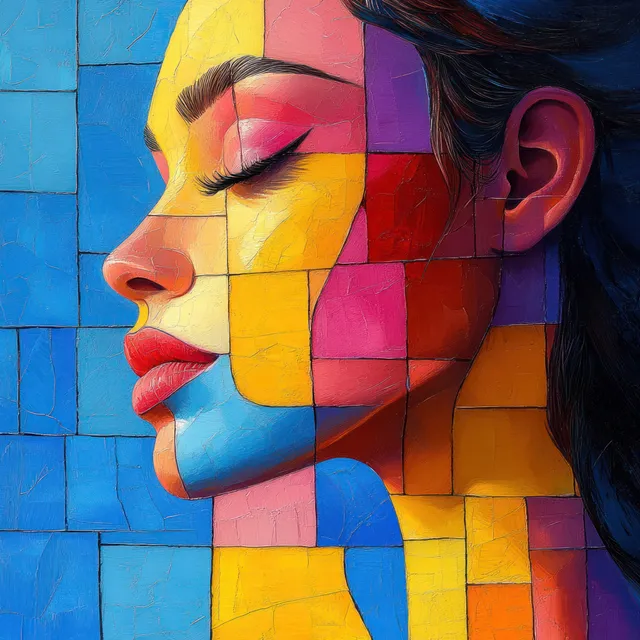 Geometric cubist woman in side profile with bold color blocks and dramatic blue lighting on a brick wall.