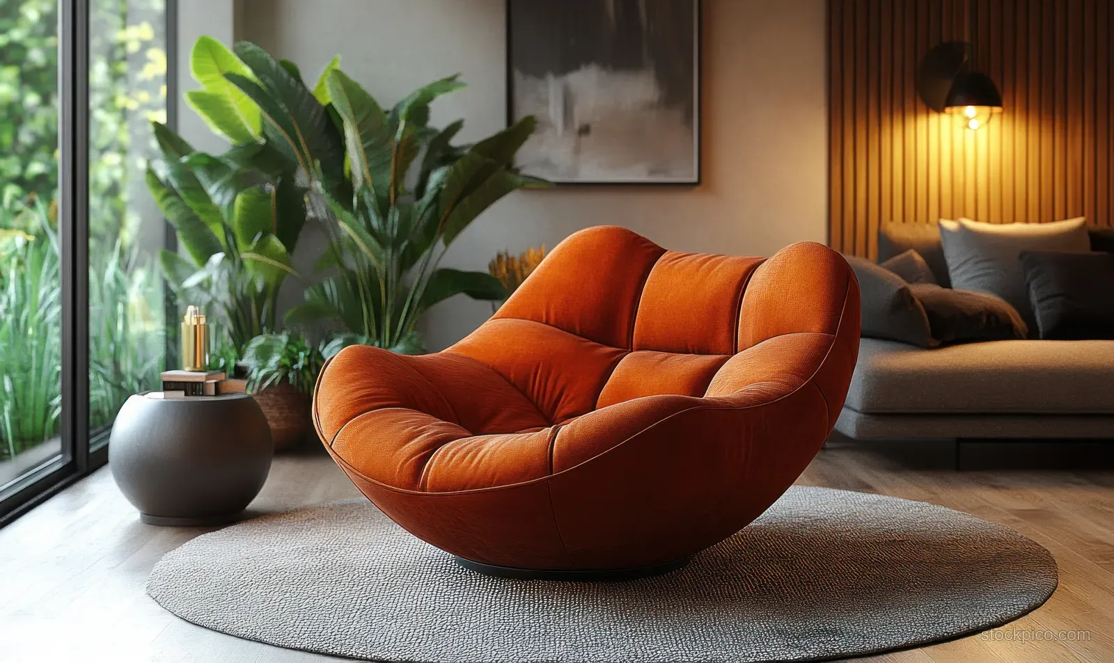 Orange pod chair beside a modern sofa in a Scandinavian living room with warm sconce lighting and framed wall art.