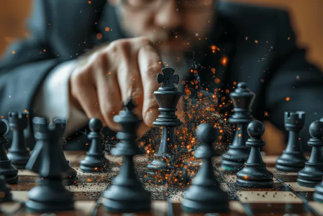 Businessman moves a chess piece across a strategic board, sparks in a suit