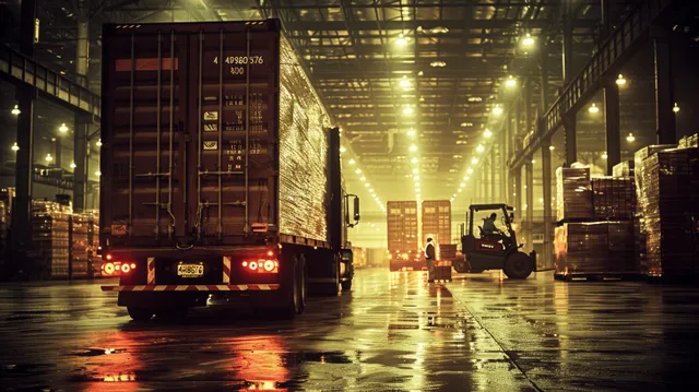 Refrigerated truck unloading pallets in a warehouse with wet reflective concrete and bright ceiling lights.