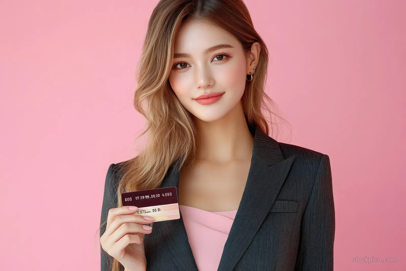 An Asian businesswoman in a blazer holds a credit card and smiles against a soft pink background.