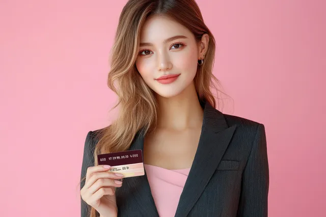 An Asian businesswoman in a blazer holds a credit card and smiles against a soft pink background.