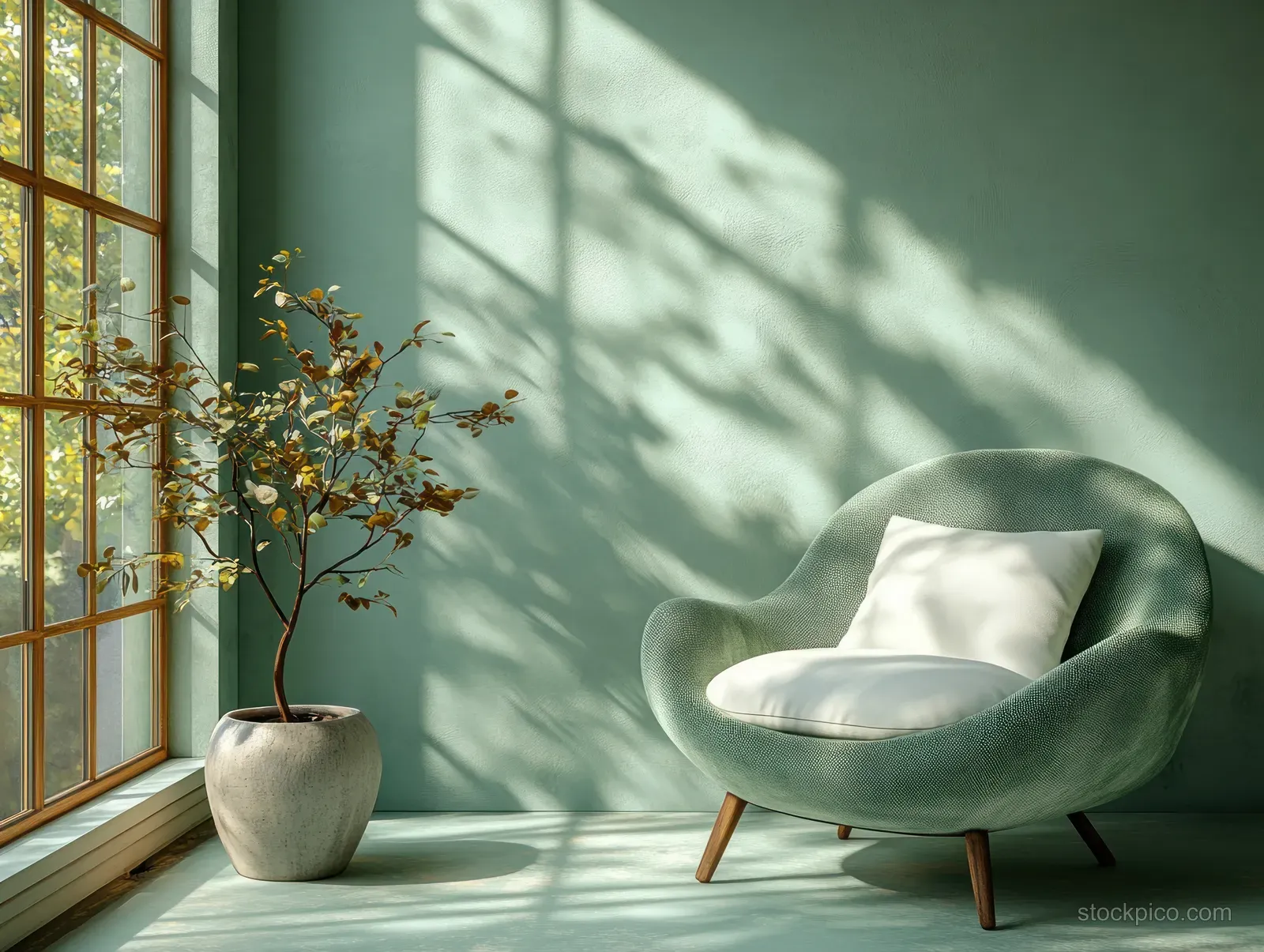 Green armchair with white cushions beside a small vase and branches, lit by soft natural light from a window.
