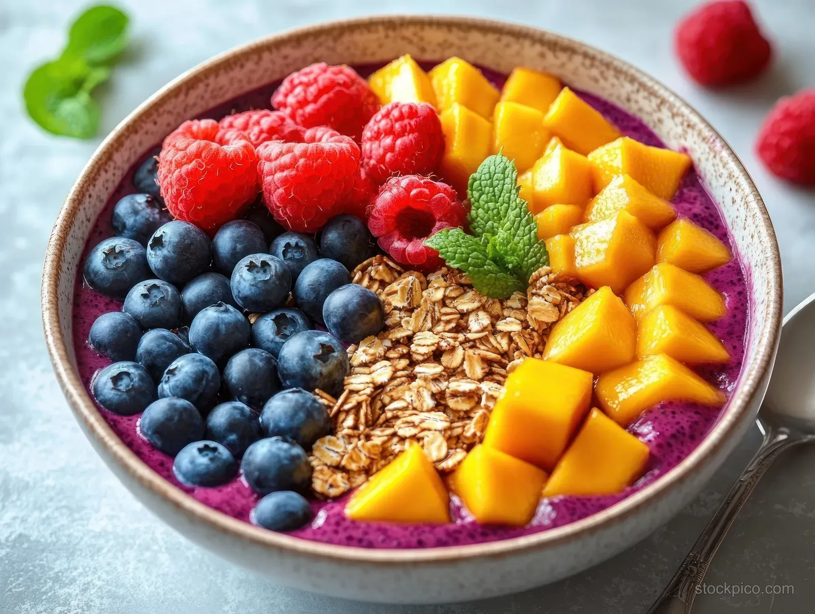 Colorful smoothie bowl topped with blueberries, raspberries, mango cubes, granola, and mint leaf on slate.