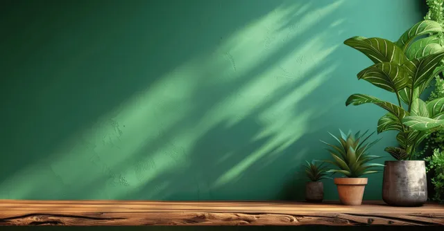 Wooden tabletop with small potted plants and a deep green wall showing soft leaf shadows.