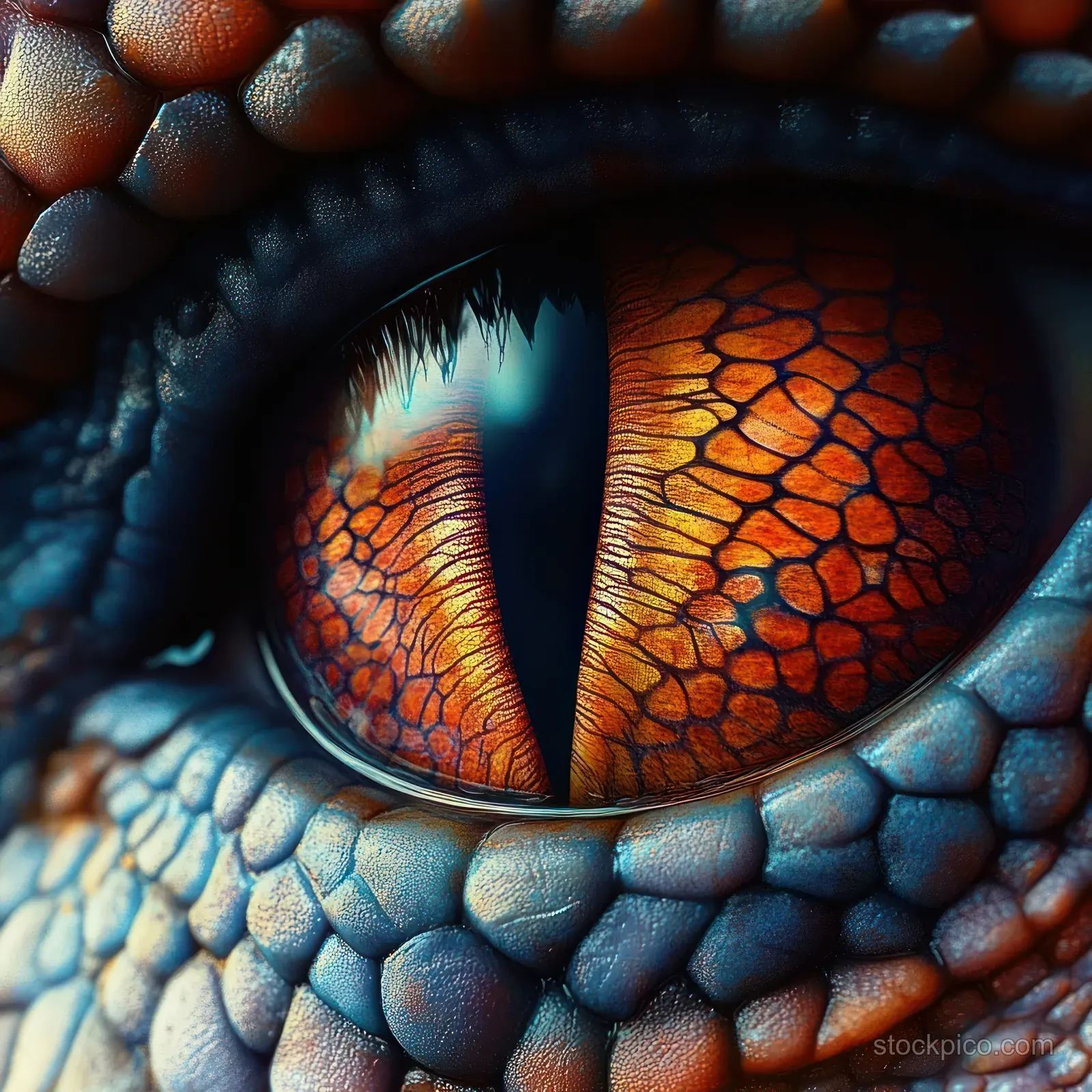 Macro close-up of a reptile eye with orange-red scaled iris framed by blue-gray textured skin.