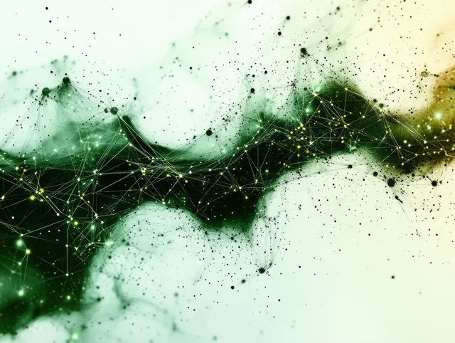 Glowing green network nodes and fine connecting lines forming a complex web over a pale abstract background.
