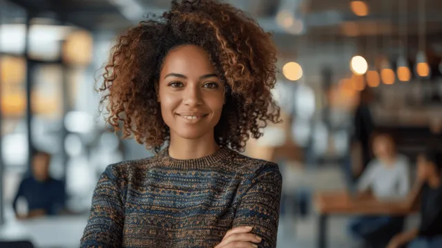 Smiling businesswoman with curly hair stands in an office with colleagues working behind her in soft focus.