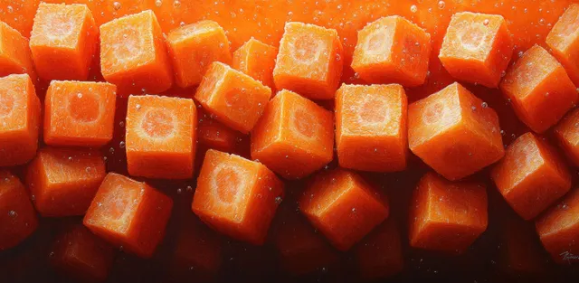 Top-down Baroque chiaroscuro painting of diced orange carrot cubes with dramatic shadows and bright highlights.