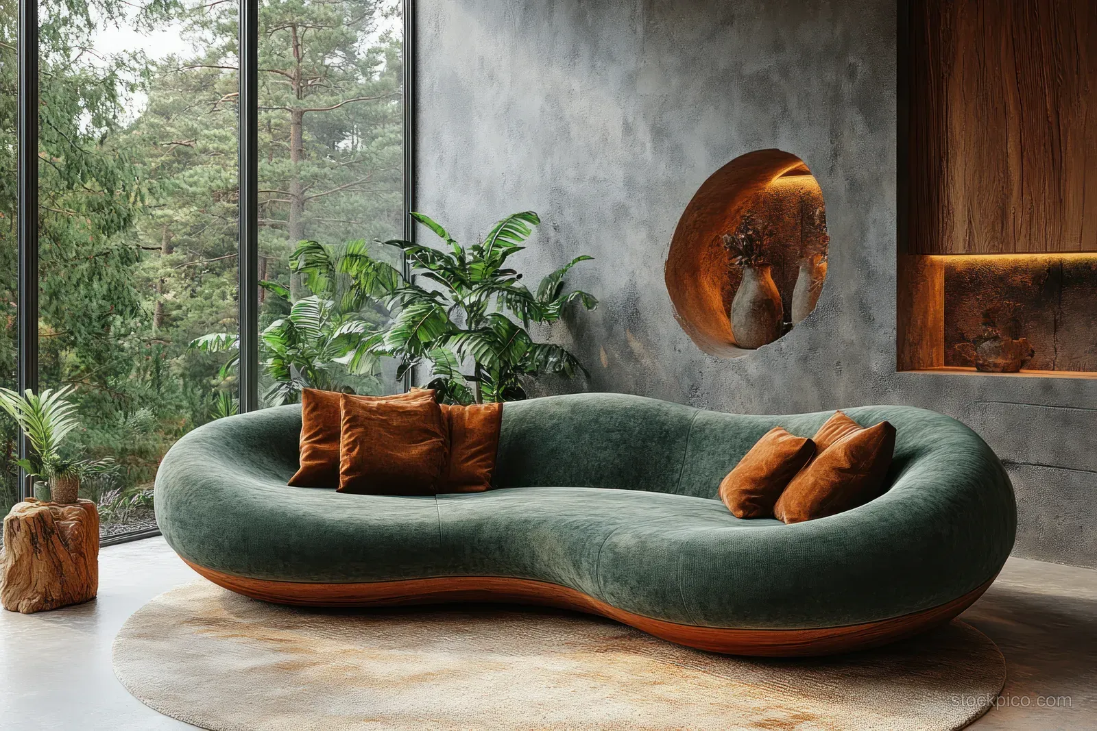 Curved green sofa in a minimalist living room under natural light, with wooden wall panels, plants, and large windows.