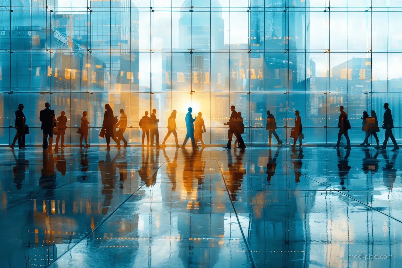 Silhouetted commuters walk inside a glass atrium as warm sunrise light reflects across the shiny floor.