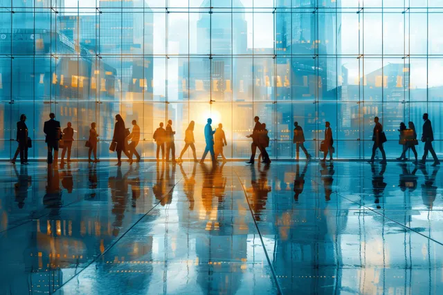 Silhouetted commuters walk inside a glass atrium as warm sunrise light reflects across the shiny floor.