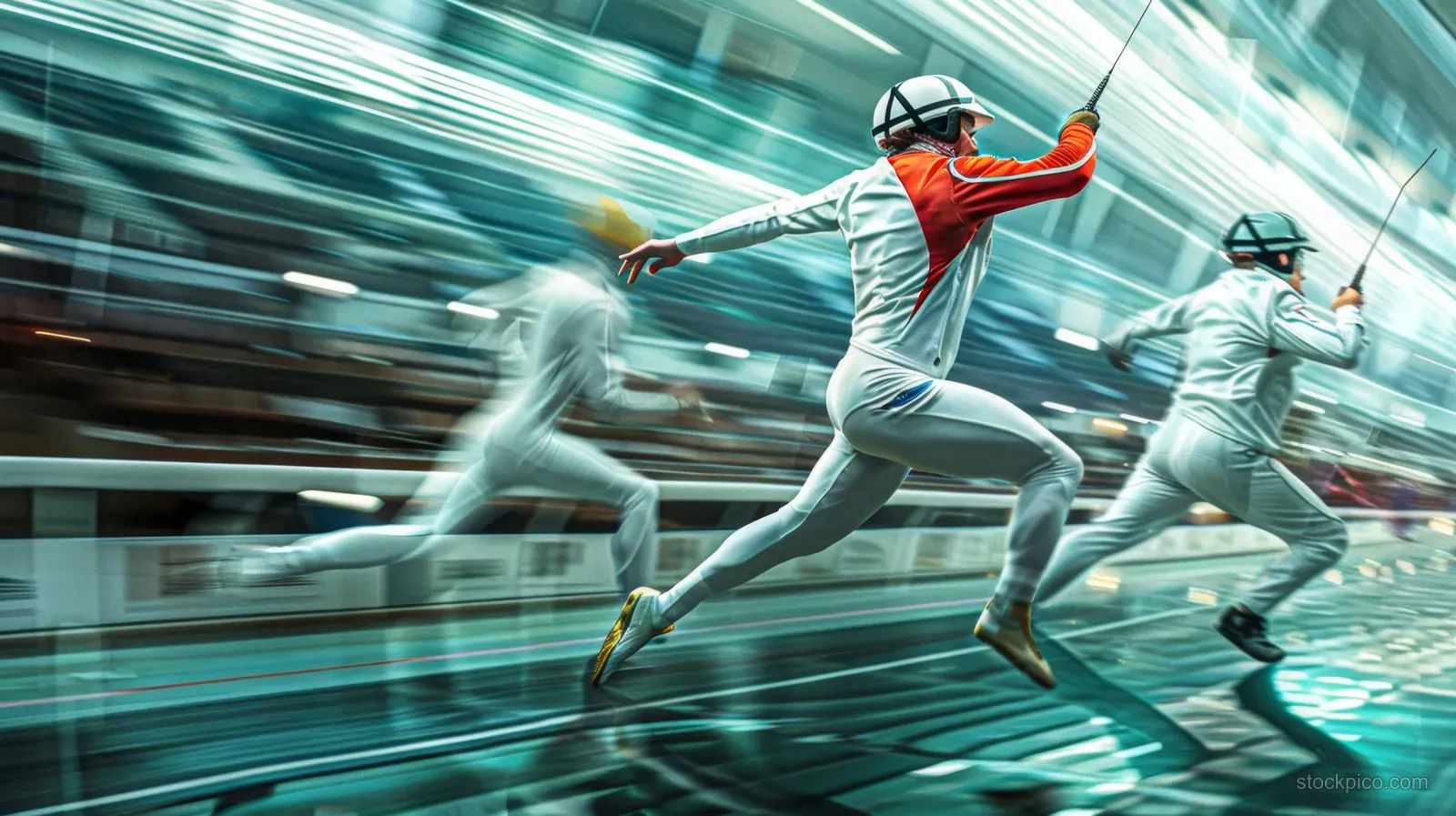 A Hungarian modern pentathlon swimmer races through the pool with teammates blurred in the background.