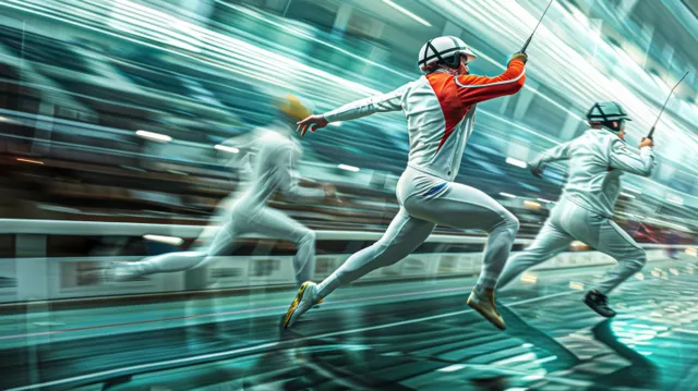 Hungarian modern pentathlon swimmer sprinting forward in a pool with trailing teammates