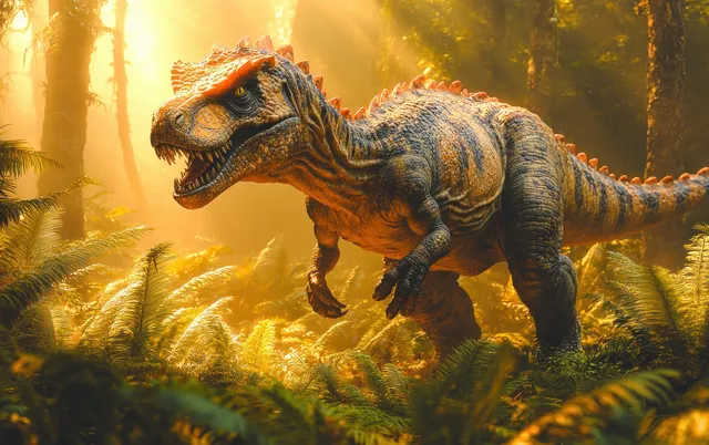 Gallimimus theropod with feathered plumage walking through Cretaceous jungle at sunrise light