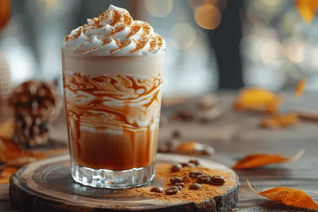 Pumpkin spice latte in a clear glass with whipped cream and caramel drizzle on a wooden slice beside autumn leaves.