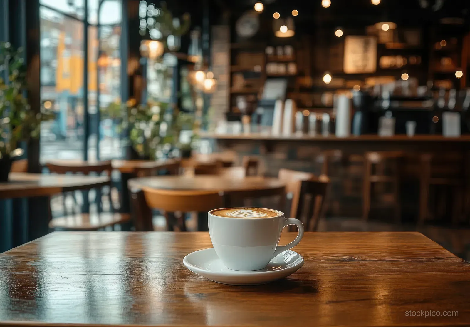 White cappuccino cup with latte art on a saucer on a wooden café table with blurred chairs and plants behind.