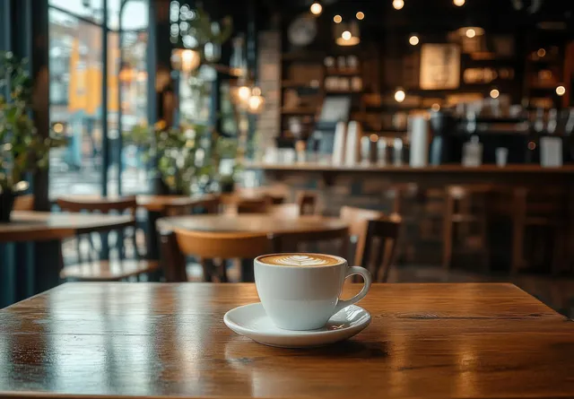 White cappuccino cup with latte art on saucer on wooden table in cozy café interior