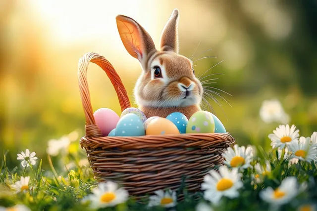 A cute rabbit rests on sunny spring grass with daisies and a woven basket of colorful Easter eggs.