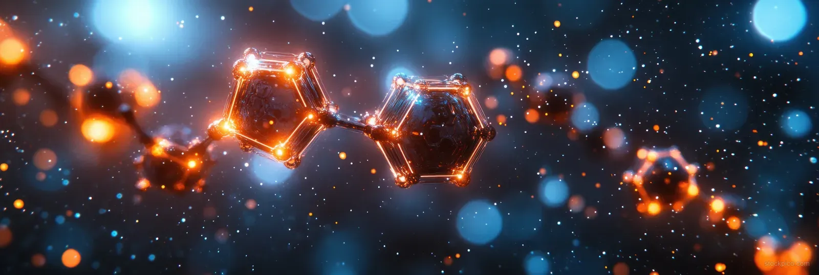 Glowing hexagonal molecular forms connect across a dark blue scientific background with floating light particles.