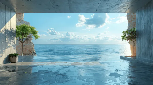 Concrete courtyard with a calm pool leading the view to the ocean horizon under a blue sky.