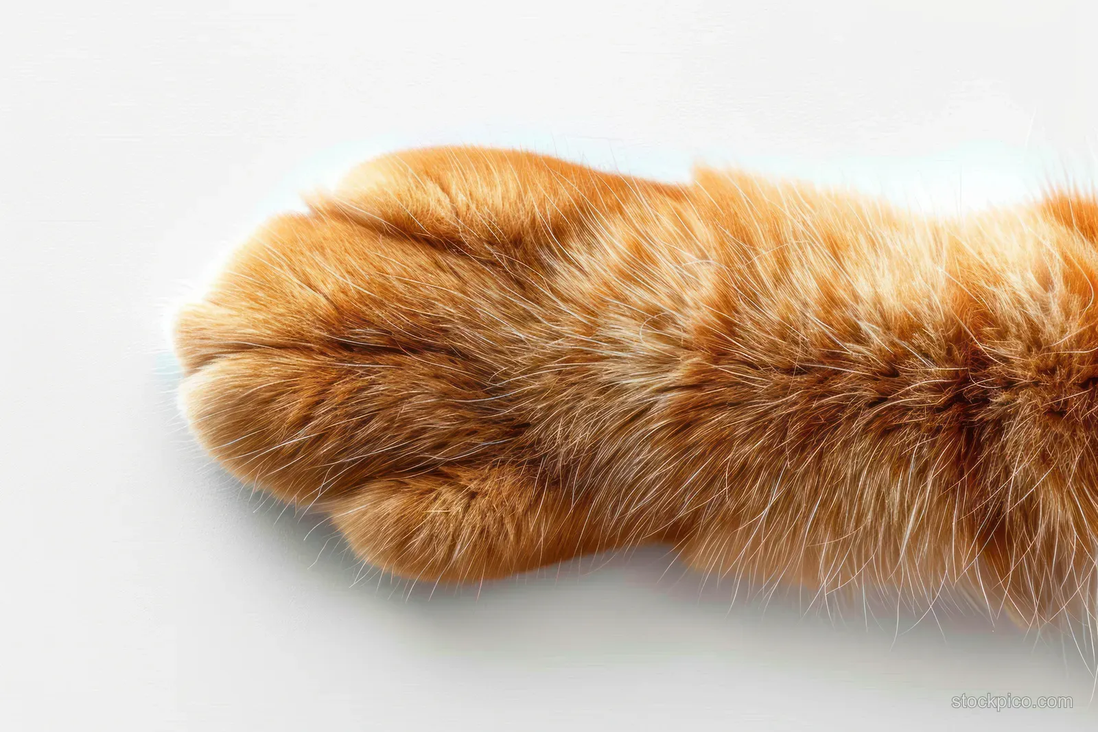 An orange tabby cat front paw rests on a clean white surface with soft fur and visible paw pads.