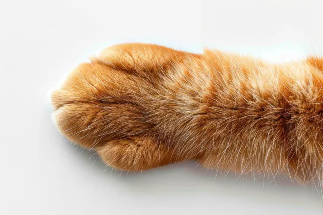 Close-up orange tabby cat front paw resting on white surface, soft fur texture