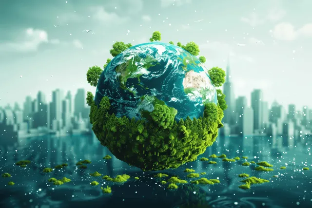 Floating Earth covered with lush green trees hovers above water with a blurred modern city skyline behind it.