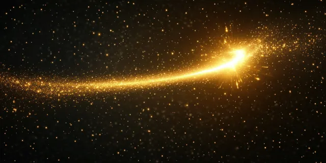 A golden comet streaks across a dark starry sky, trailing sparkling dust and a glowing light ribbon.